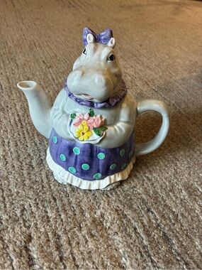 Vintage Otagiri Japan Hippo Teapot Mary Ann Baker House Hippo Purple Dress 1980s